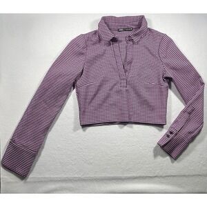 Zara Cropped Houndstooth Long Sleeve Collared Top Pink Black Women's S